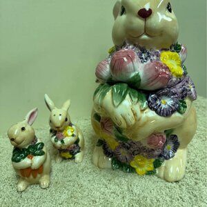 Harry & David Bunny 10” Tall Cookie Jar with 4” Tall Salt & Pepper Shakers